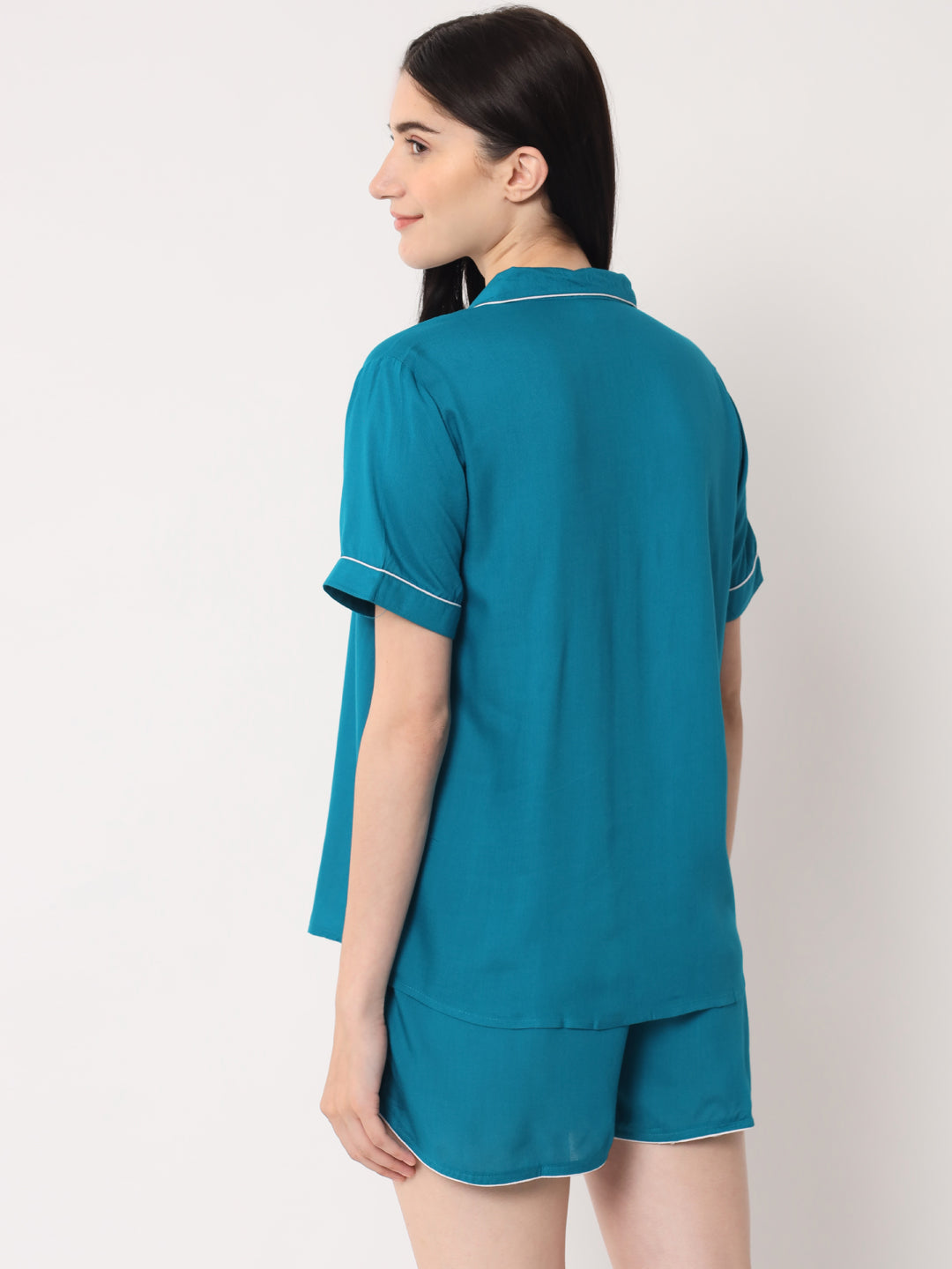 Teal Blue - Collared Solid Shirt and Shorts Set