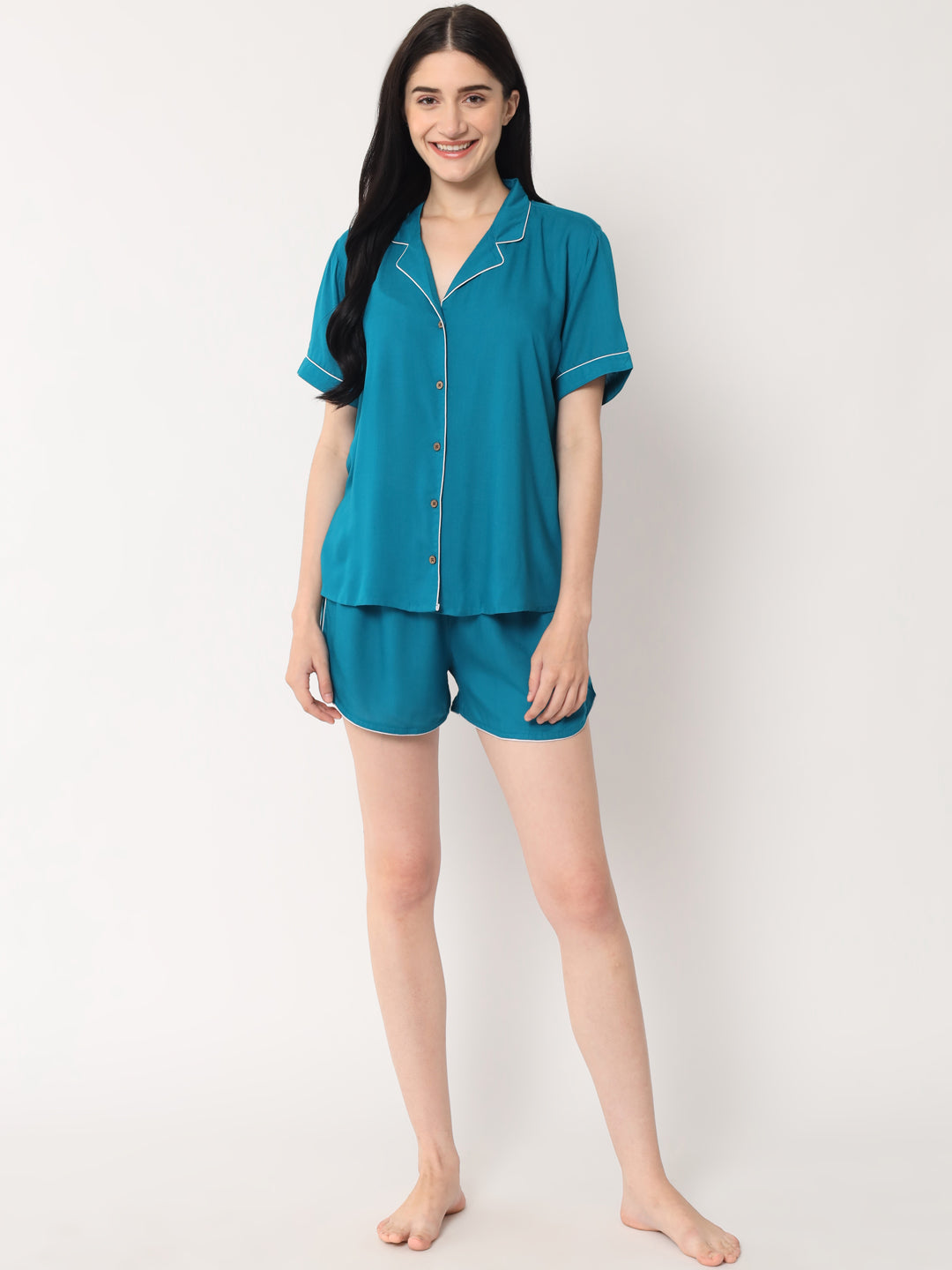 Teal Blue - Collared Solid Shirt and Shorts Set