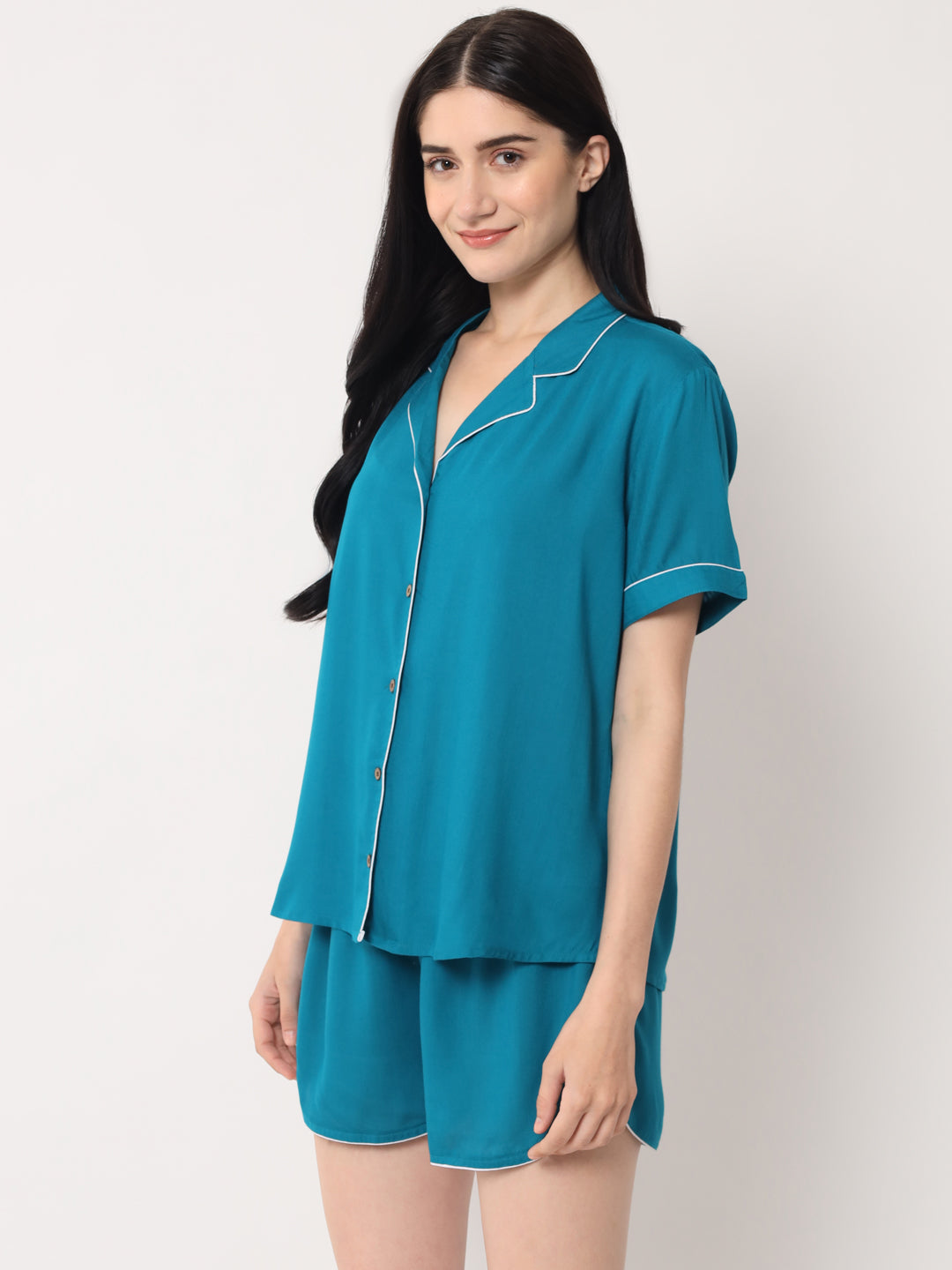 Teal Blue - Collared Solid Shirt and Shorts Set
