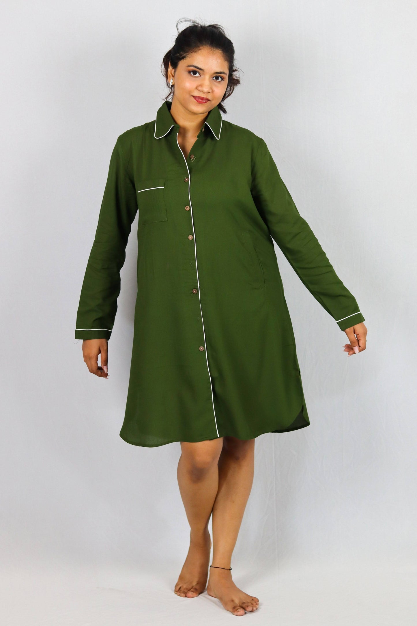 Olive Bloom Button Down SleepShirt – Soft Green Nightwear with White Piping