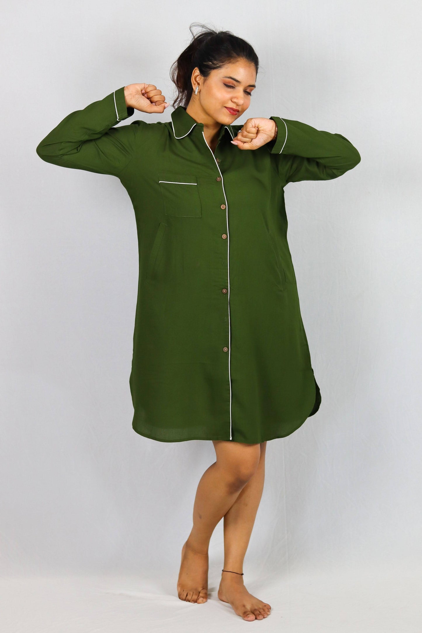 Olive Bloom Button Down SleepShirt – Soft Green Nightwear with White Piping