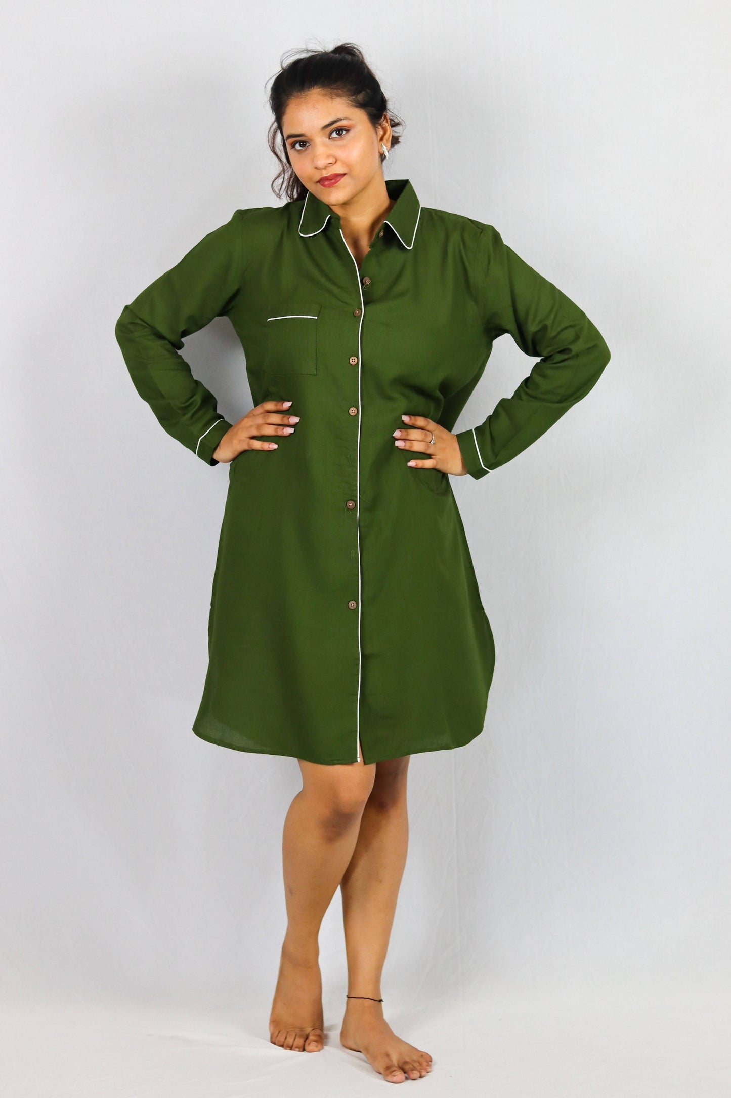 Olive Bloom Button Down SleepShirt – Soft Green Nightwear with White Piping