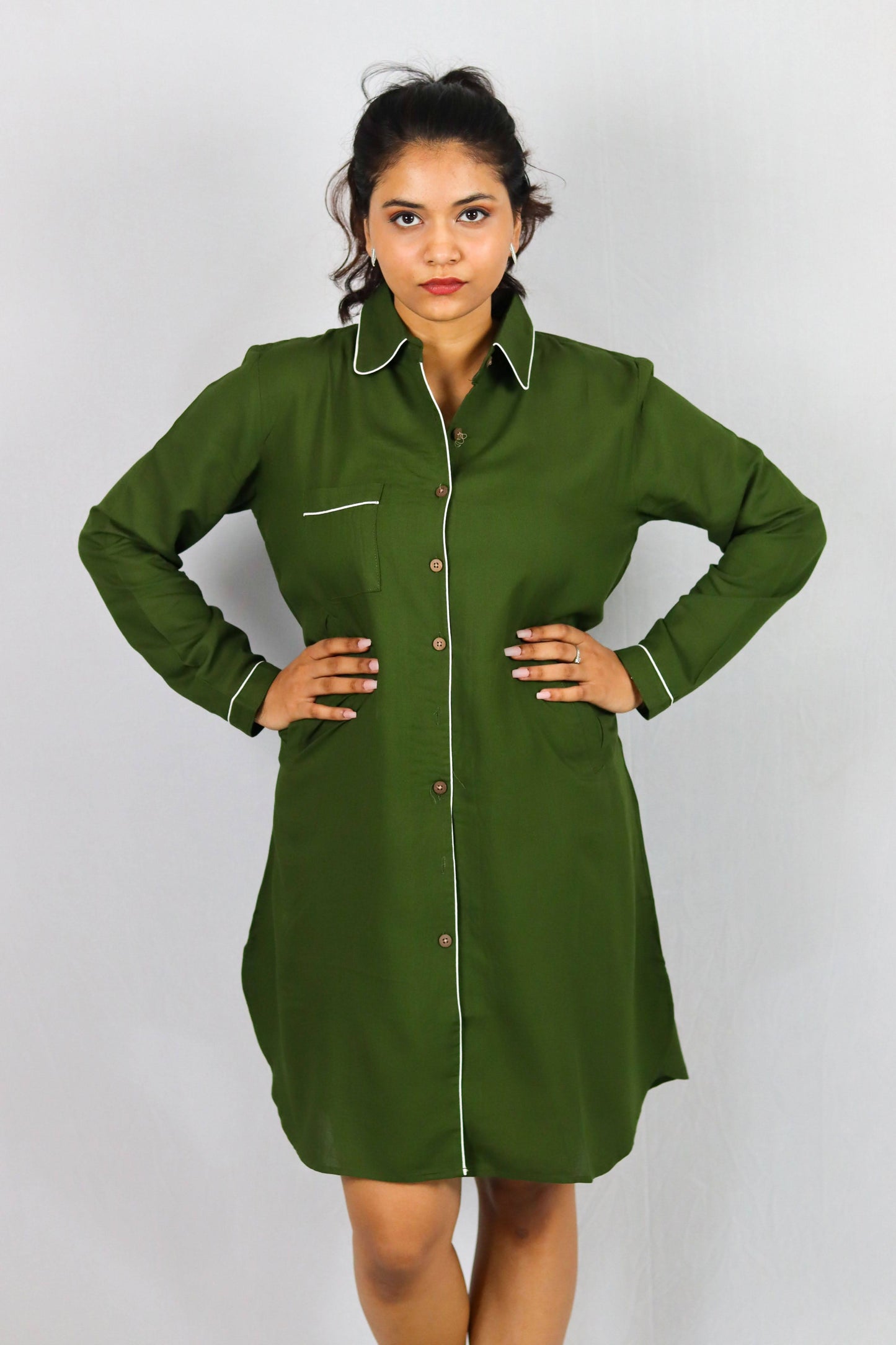 Olive Bloom Button Down SleepShirt – Soft Green Nightwear with White Piping