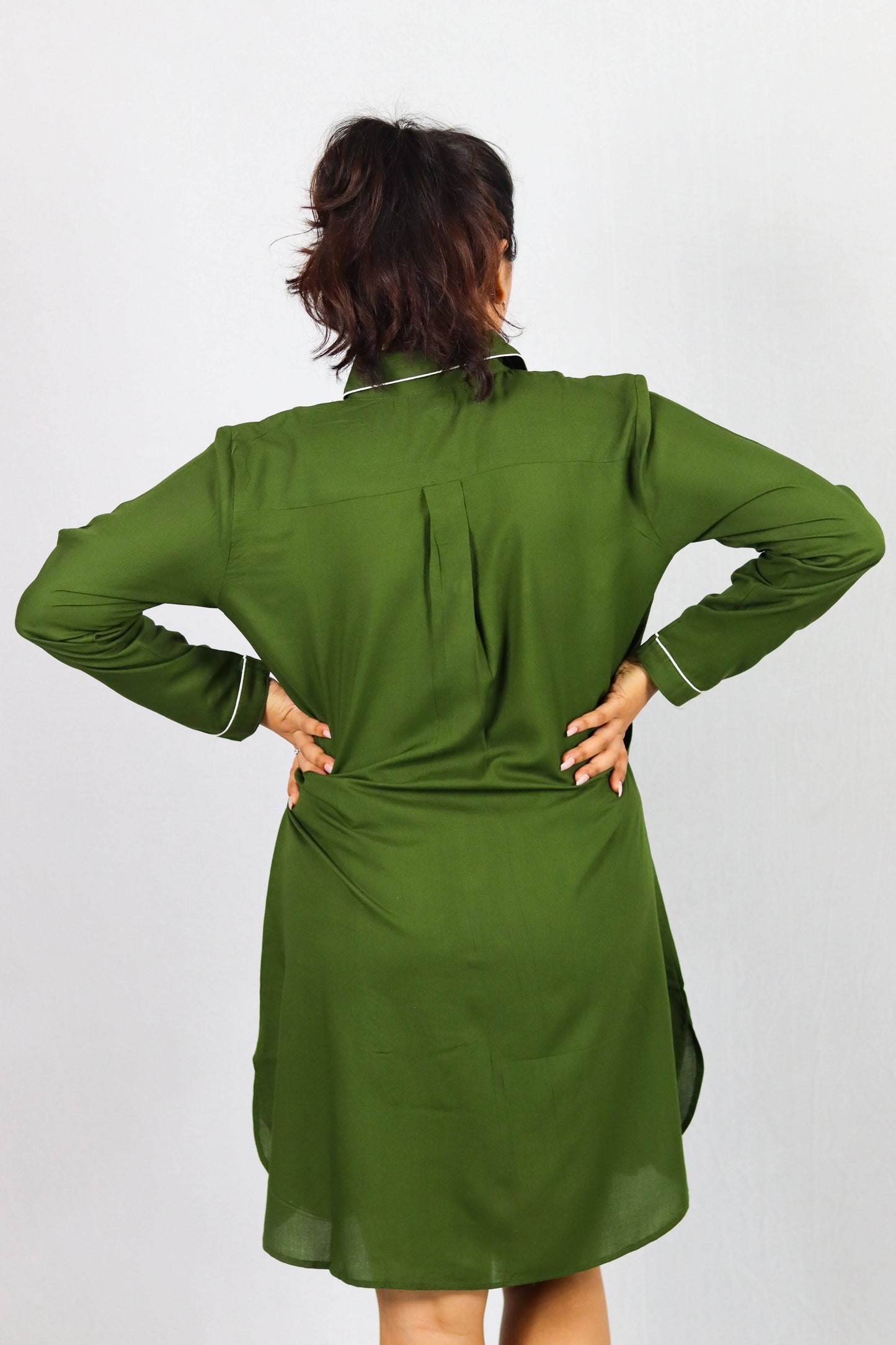 Olive Bloom Button Down SleepShirt – Soft Green Nightwear with White Piping