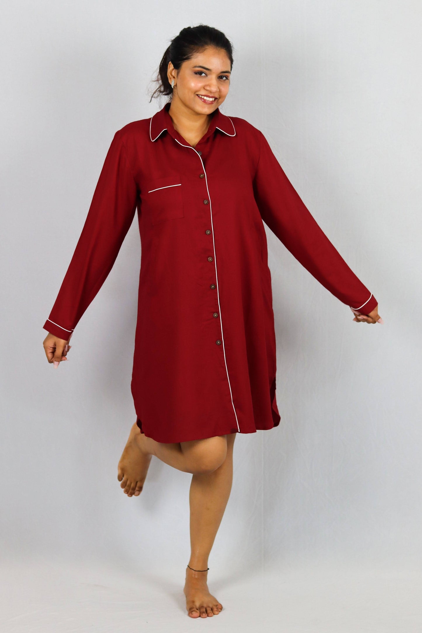 Cherry Luxe Button Down SleepShirt – Soft Nightwear with Piping Detail