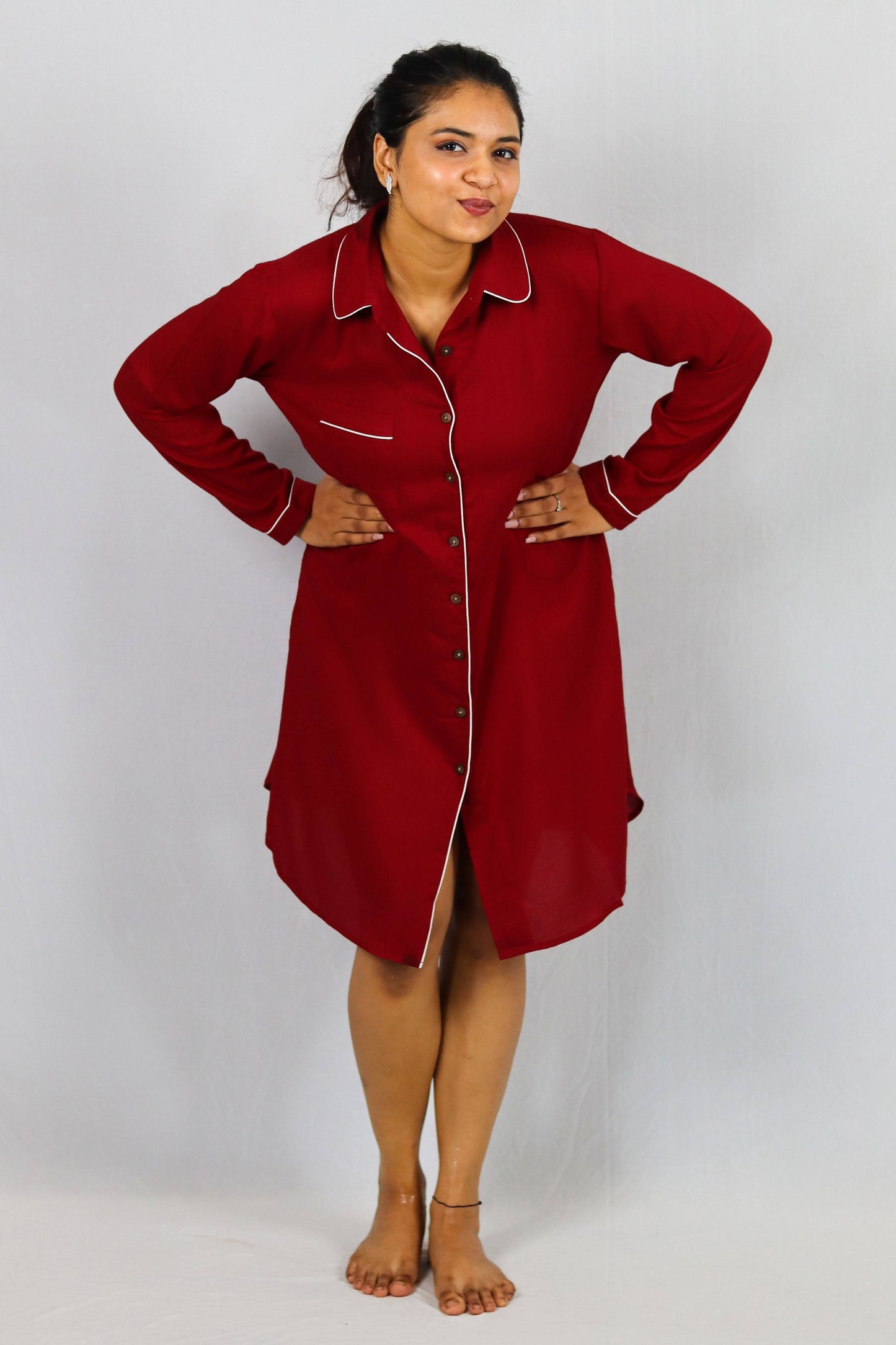 Cherry Luxe Button Down SleepShirt – Soft Nightwear with Piping Detail