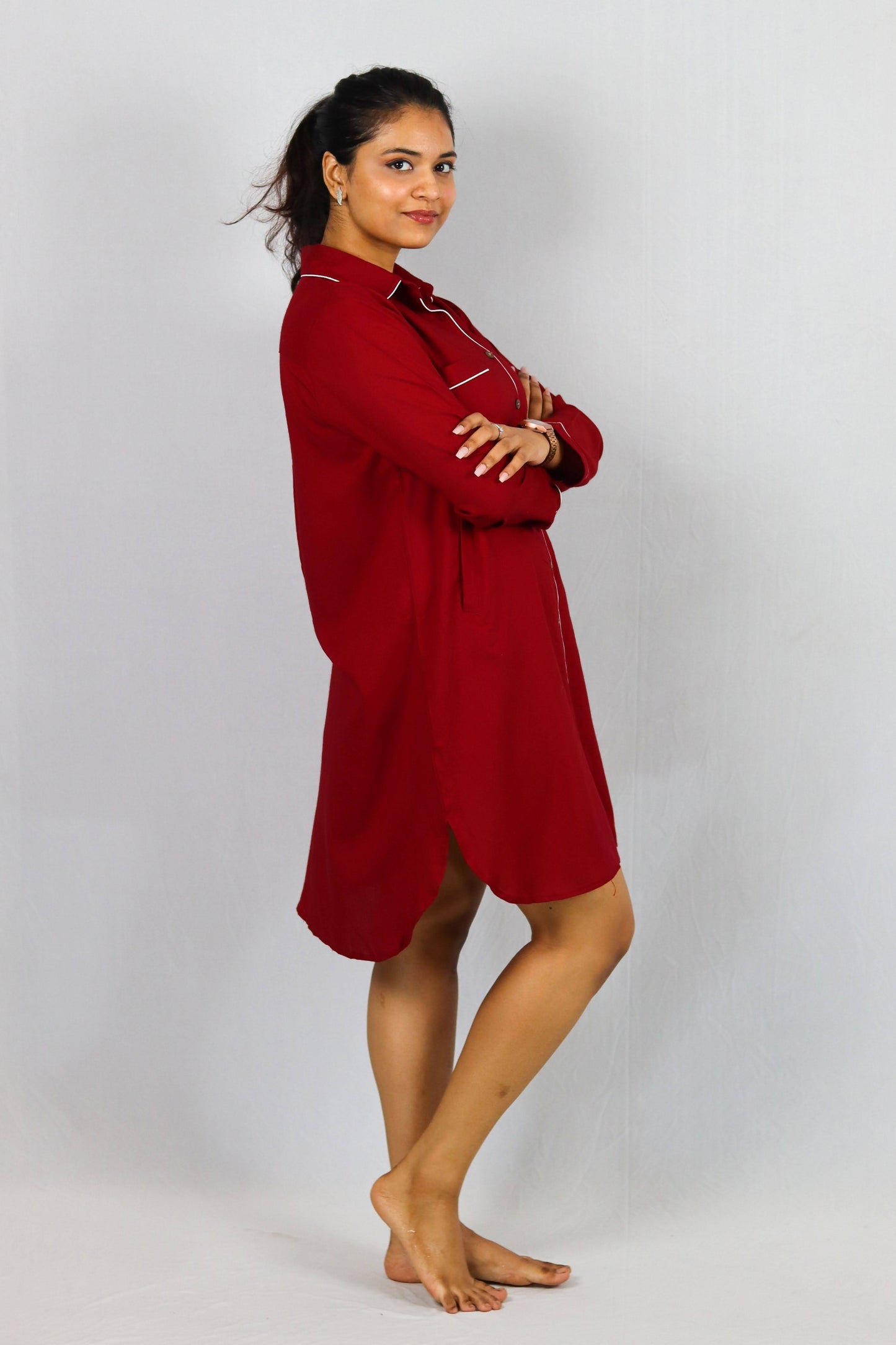 Cherry Luxe Button Down SleepShirt – Soft Nightwear with Piping Detail