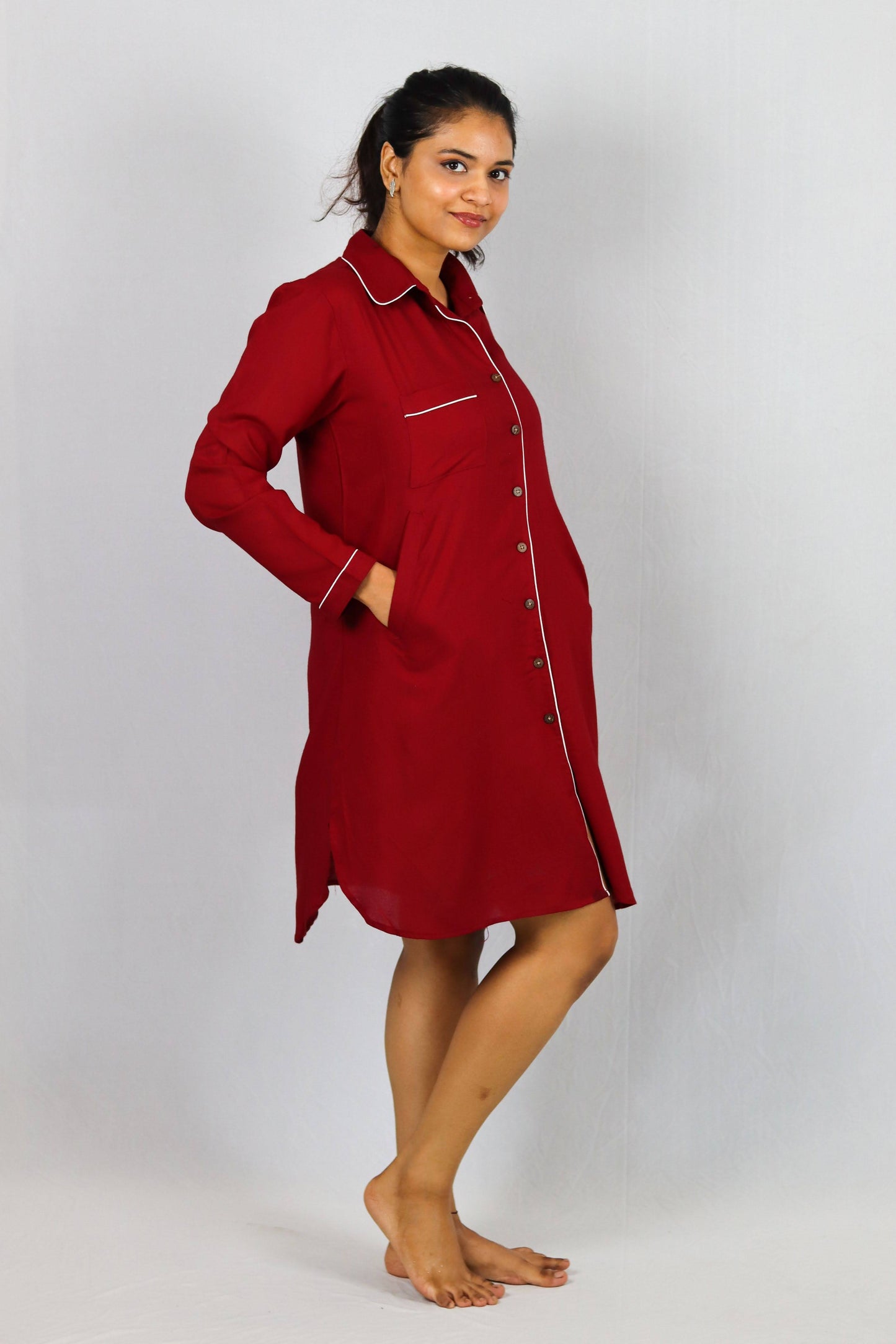 Cherry Luxe Button Down SleepShirt – Soft Nightwear with Piping Detail