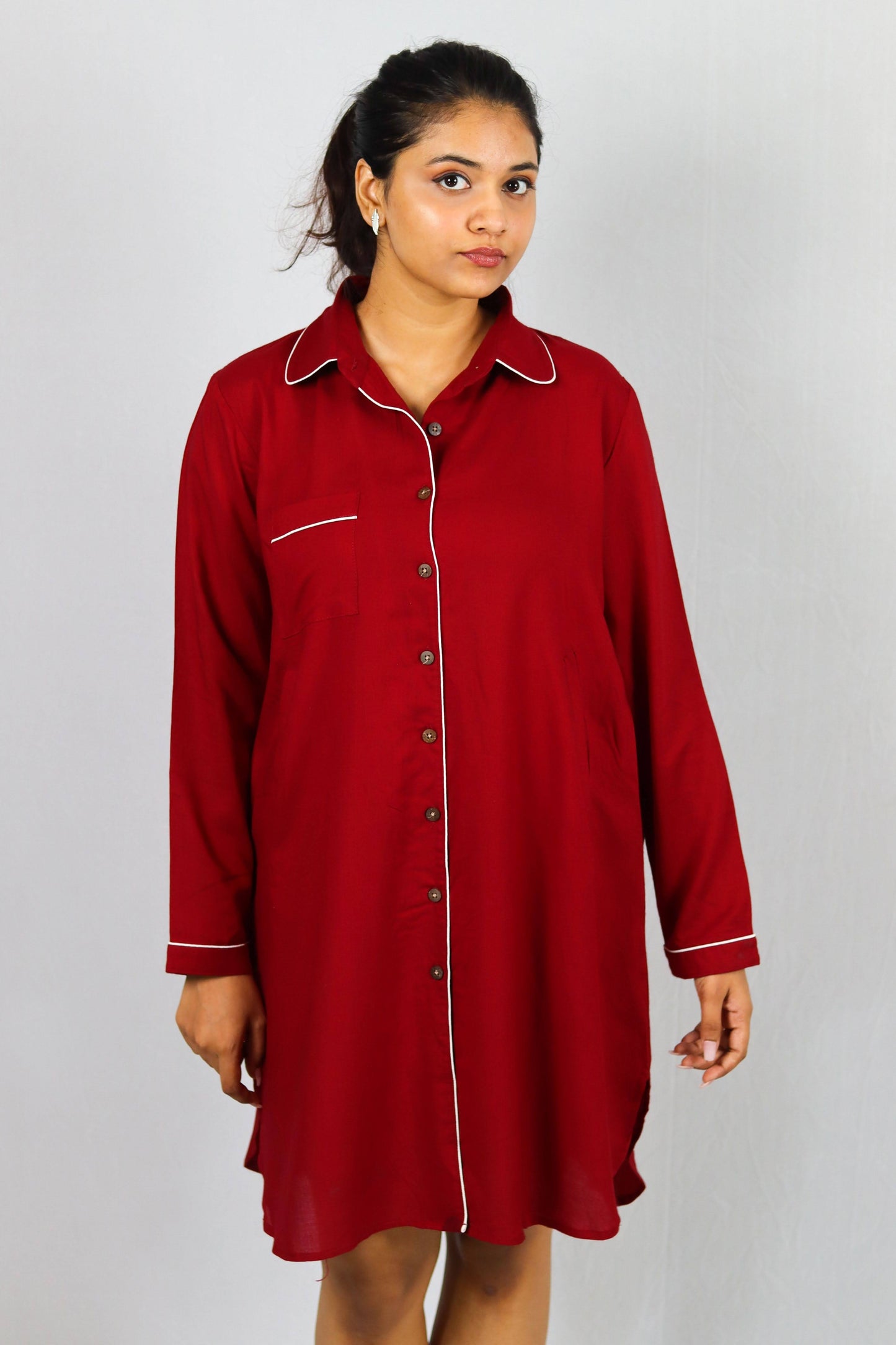 Cherry Luxe Button Down SleepShirt – Soft Nightwear with Piping Detail