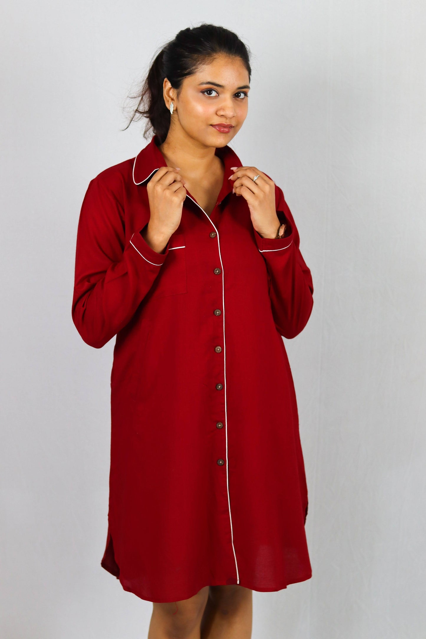 Cherry Luxe Button Down SleepShirt – Soft Nightwear with Piping Detail