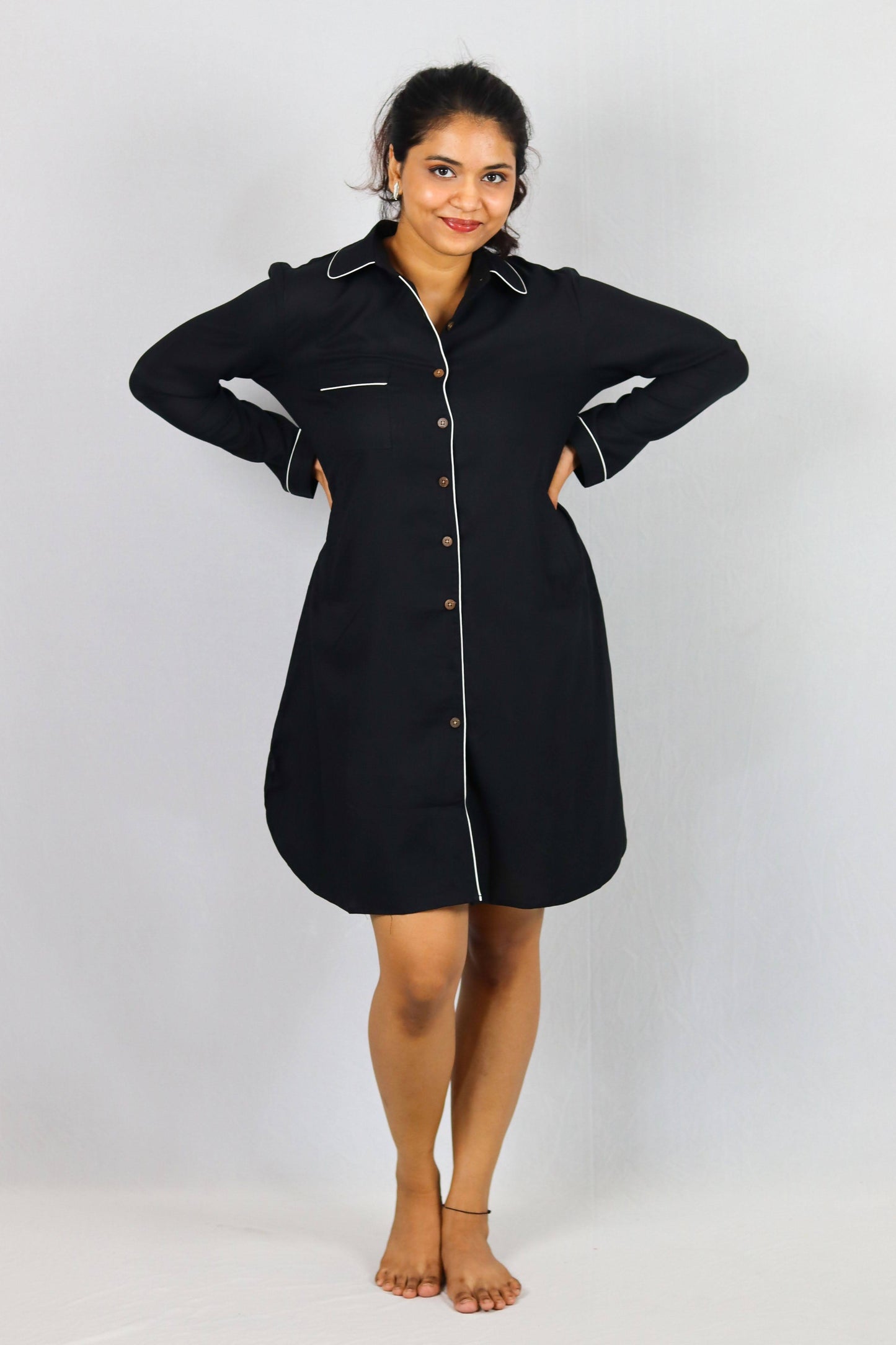 Midnight Comfort Button Down SleepShirt – Soft Nightwear with White Piping