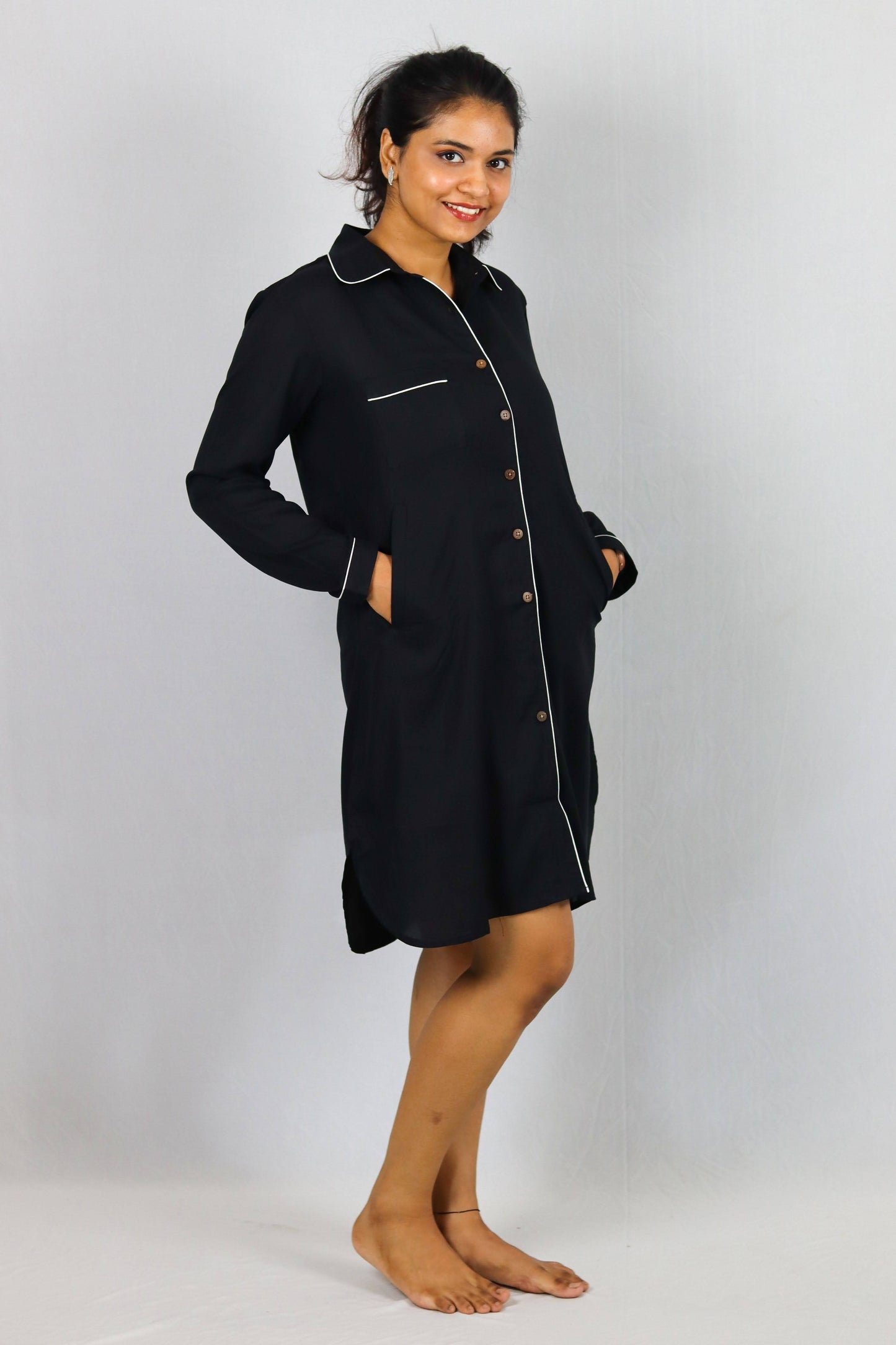 Midnight Comfort Button Down SleepShirt – Soft Nightwear with White Piping