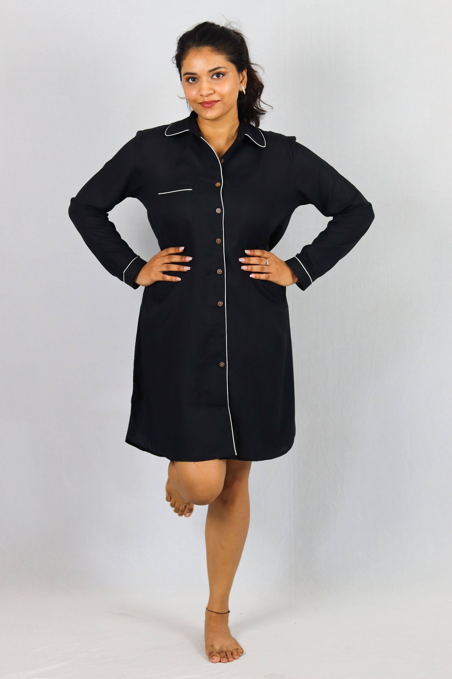 Midnight Comfort Button Down SleepShirt – Soft Nightwear with White Piping