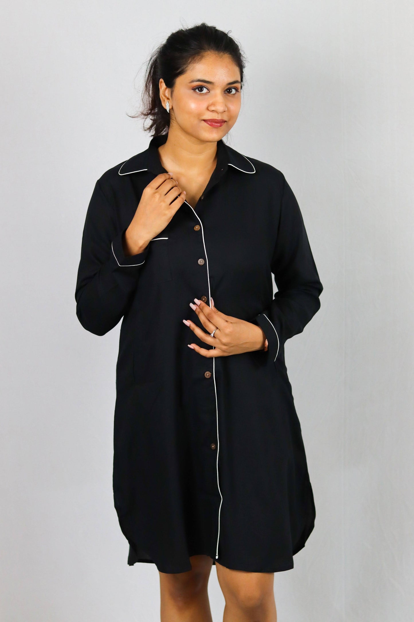 Midnight Comfort Button Down SleepShirt – Soft Nightwear with White Piping