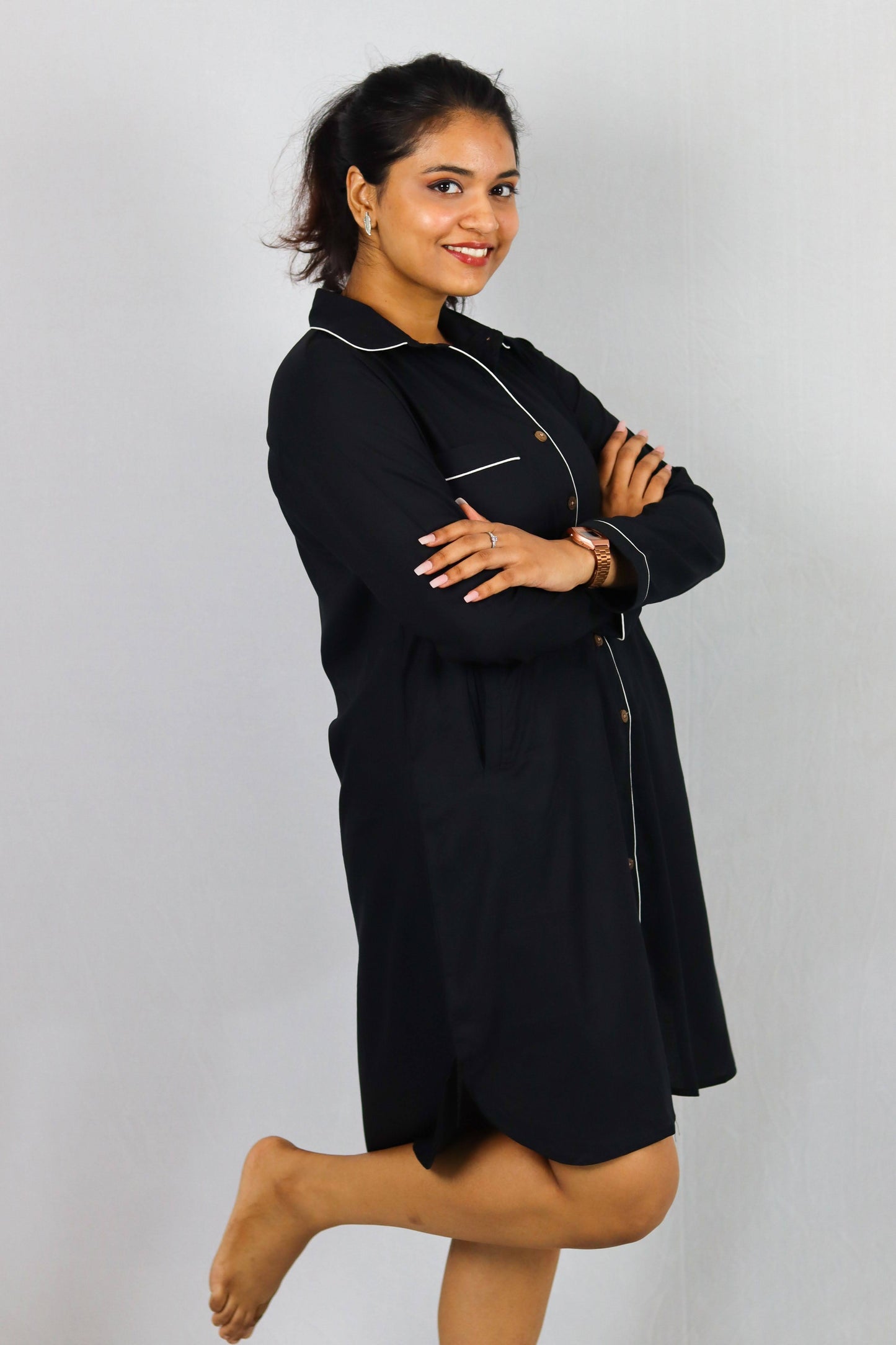 Midnight Comfort Button Down SleepShirt – Soft Nightwear with White Piping