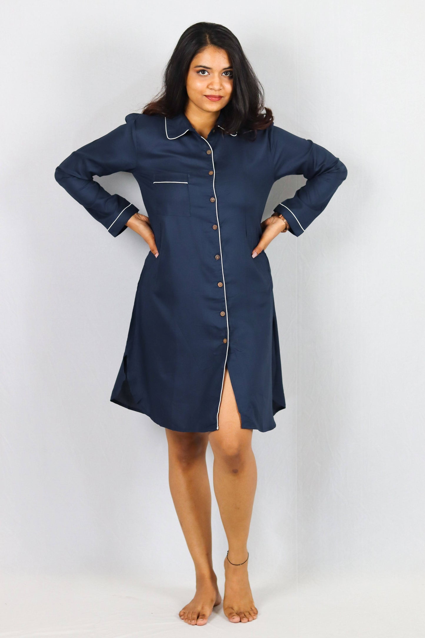 Ocean Mist Button Down SleepShirt – Soft Navy Nightwear with White Piping