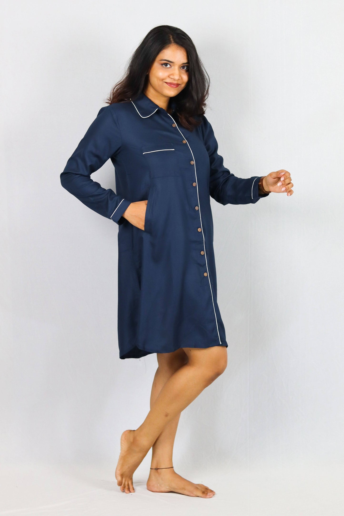 Ocean Mist Button Down SleepShirt – Soft Navy Nightwear with White Piping