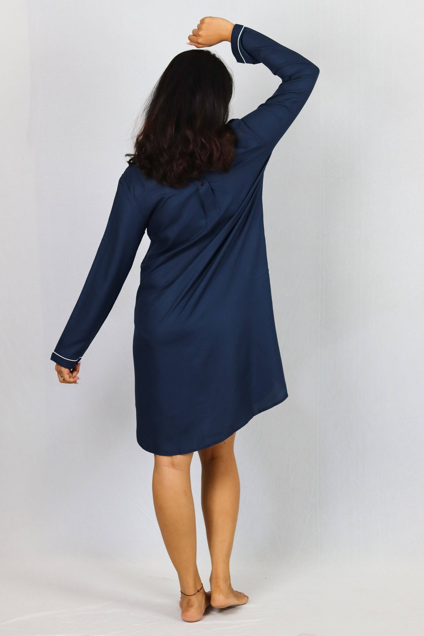 Ocean Mist Button Down SleepShirt – Soft Navy Nightwear with White Piping