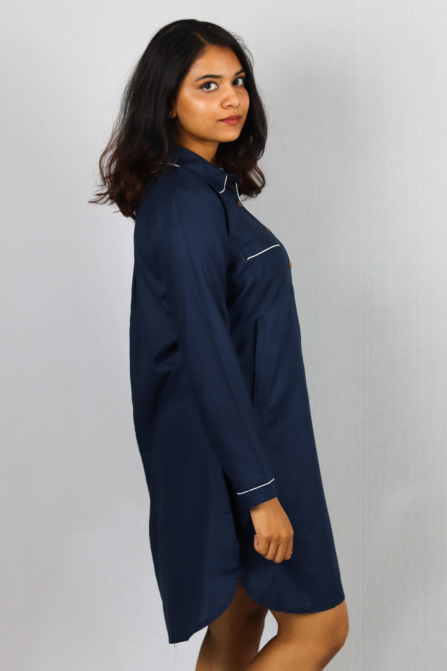 Ocean Mist Button Down SleepShirt – Soft Navy Nightwear with White Piping
