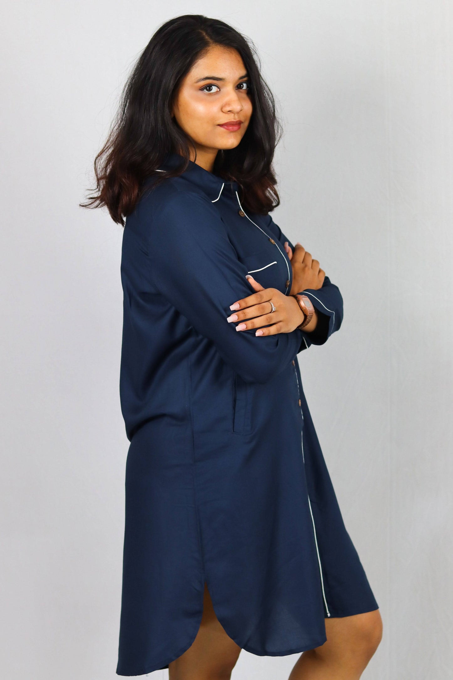 Ocean Mist Button Down SleepShirt – Soft Navy Nightwear with White Piping