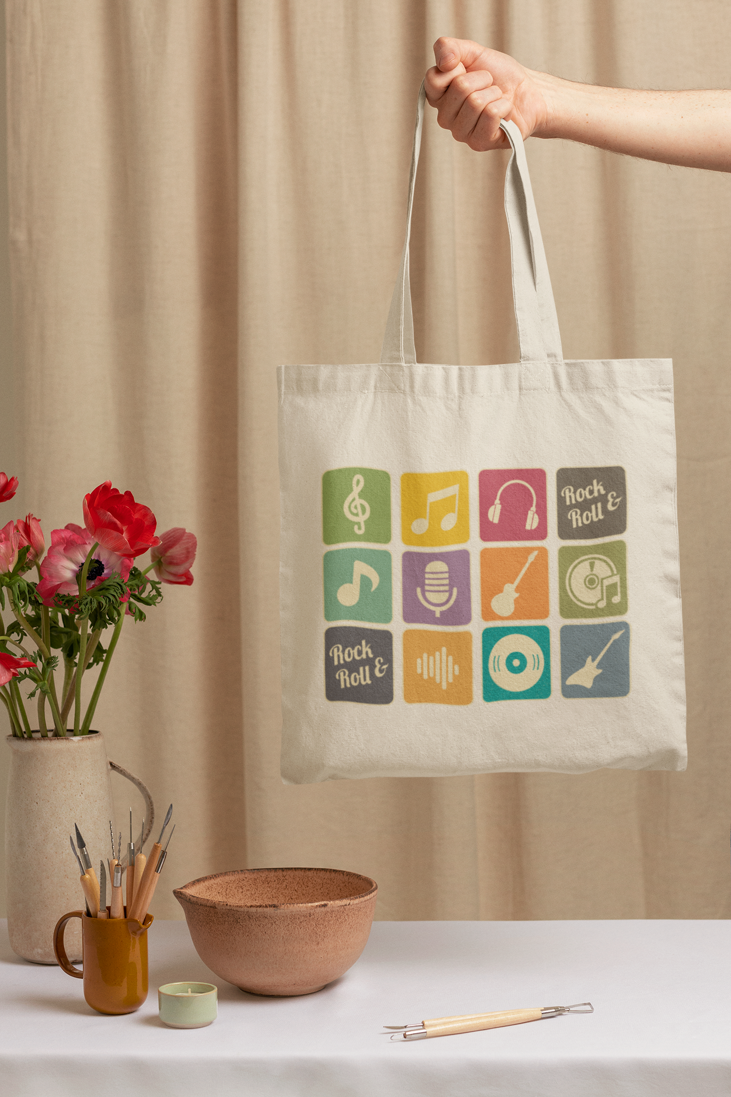 Rock & Roll Grid Music Icon Tote