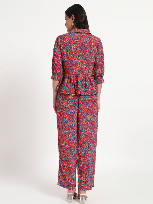 Crimson Bloom Peplum Co-ord Set with Pockets