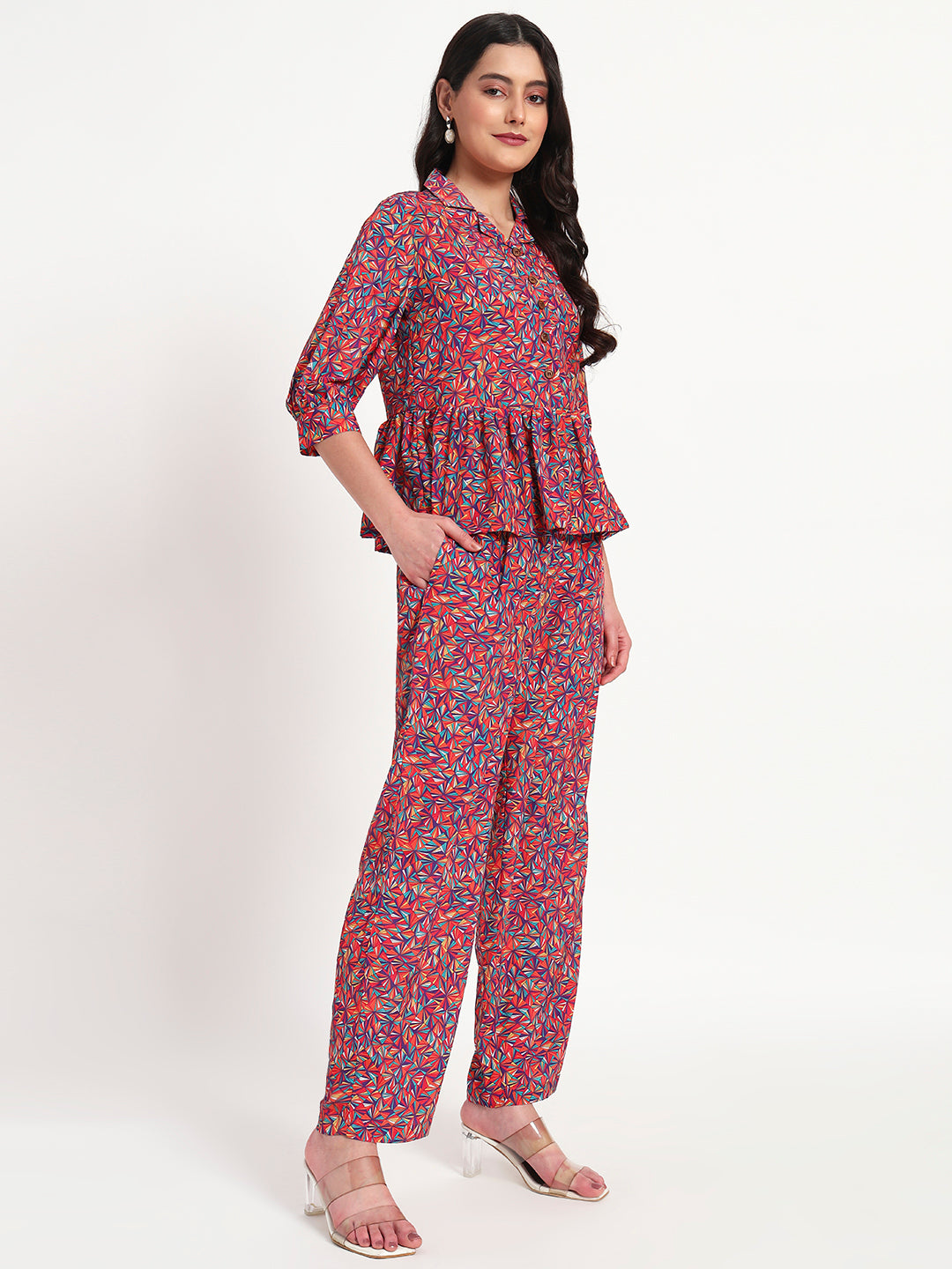 Crimson Bloom Peplum Co-ord Set with Pockets