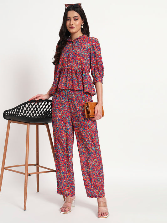 Crimson Bloom Peplum Co-ord Set with Pockets