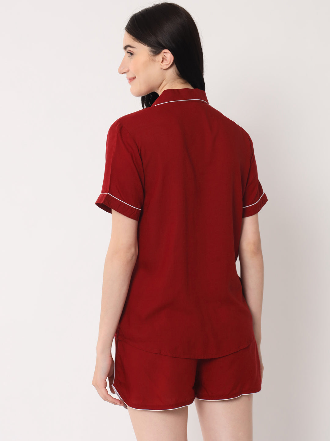 Maroon - Collared Solid Shirt and Shorts Set