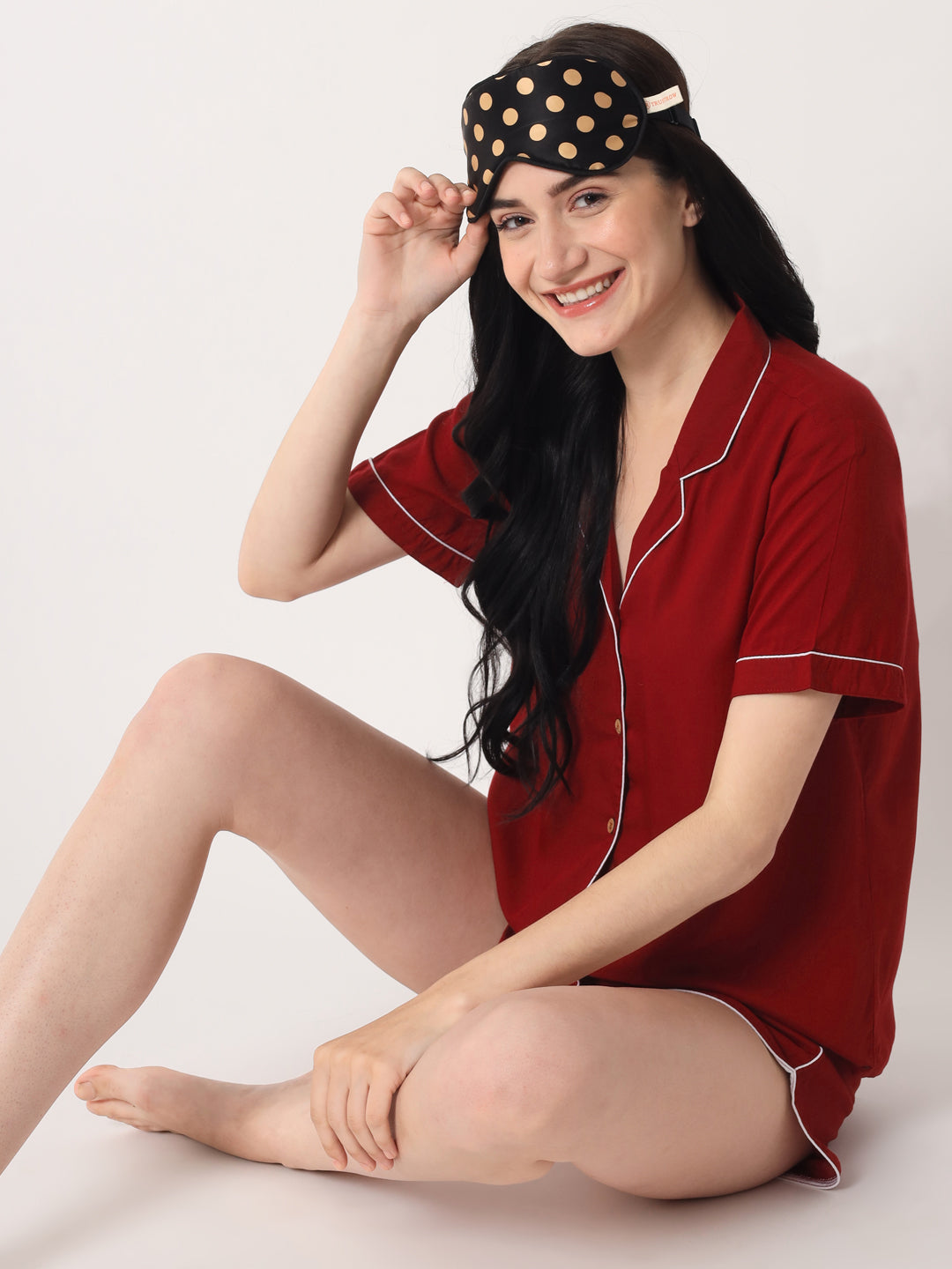 Maroon - Collared Solid Shirt and Shorts Set