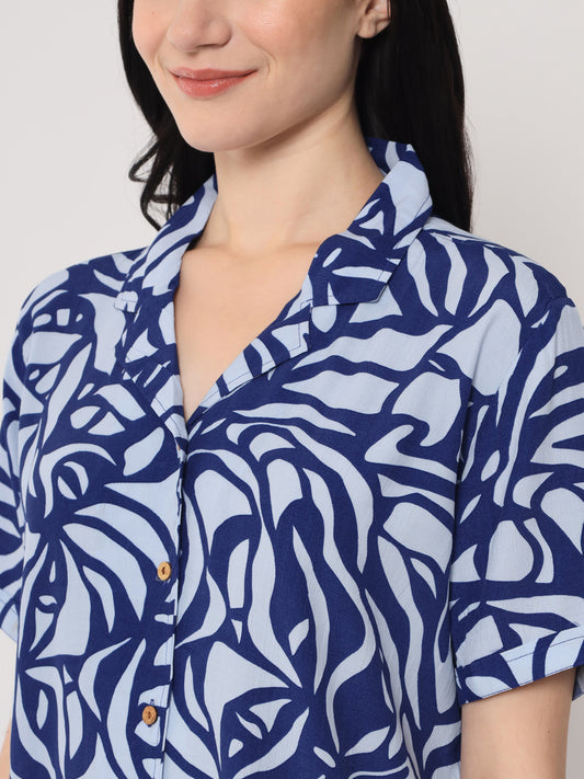 Indigo Blue Printed - Collared Shirt and Long Pajama Set