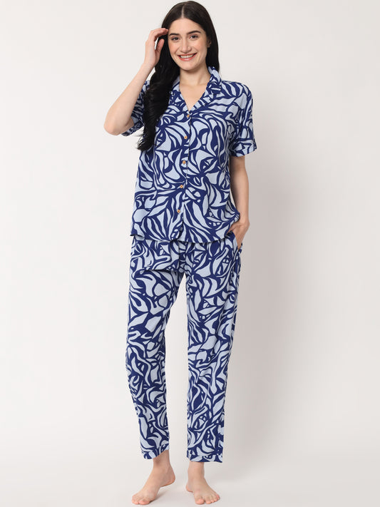 Indigo Blue Printed - Collared Shirt and Long Pajama Set