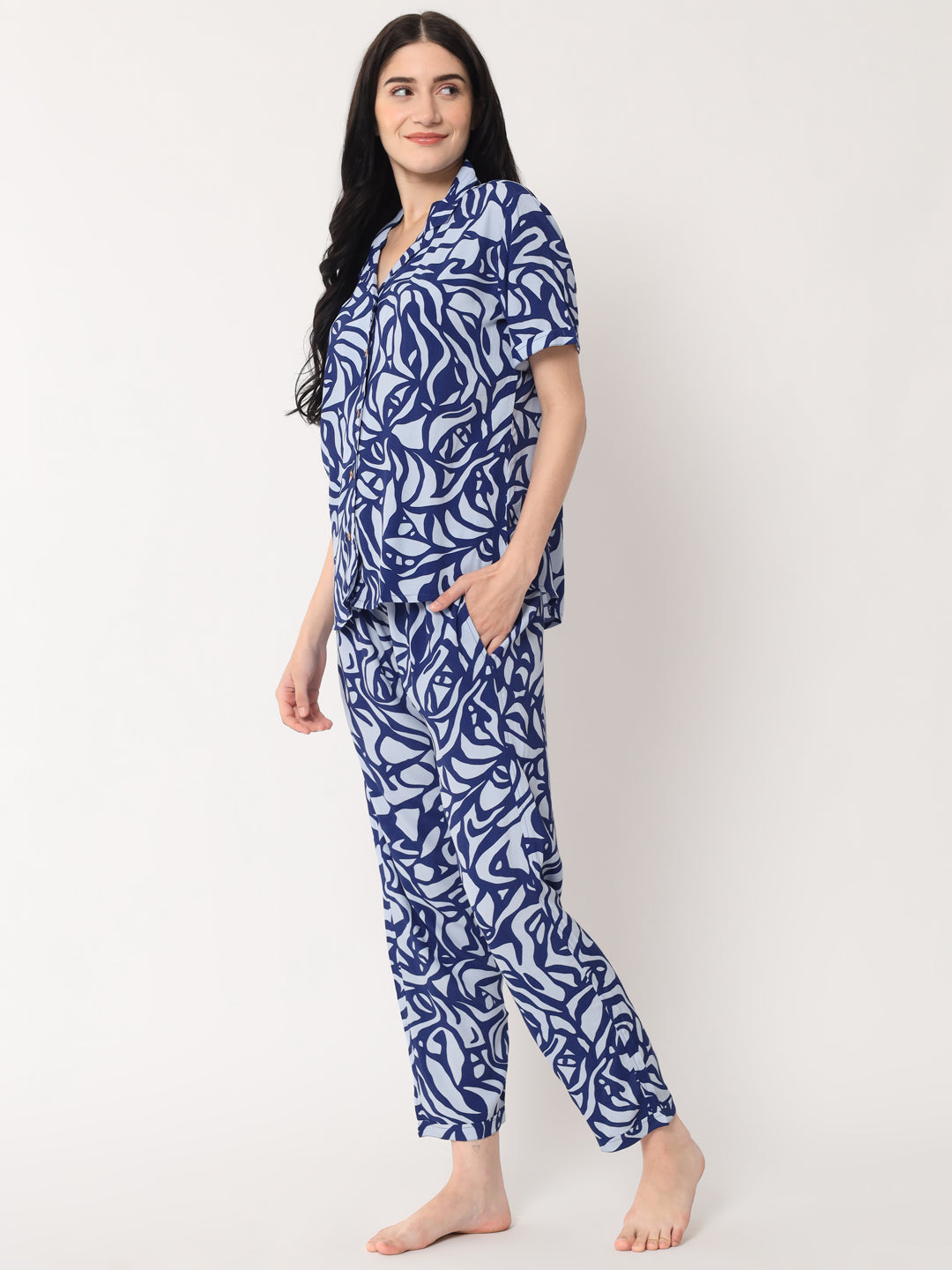 Indigo Blue Printed - Collared Shirt and Long Pajama Set