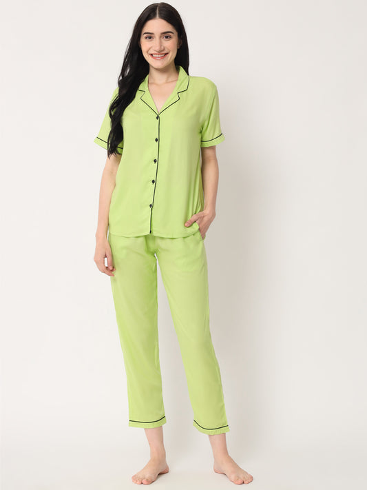 Parrot Green - Collared Solid Shirt and Long Pajama Set