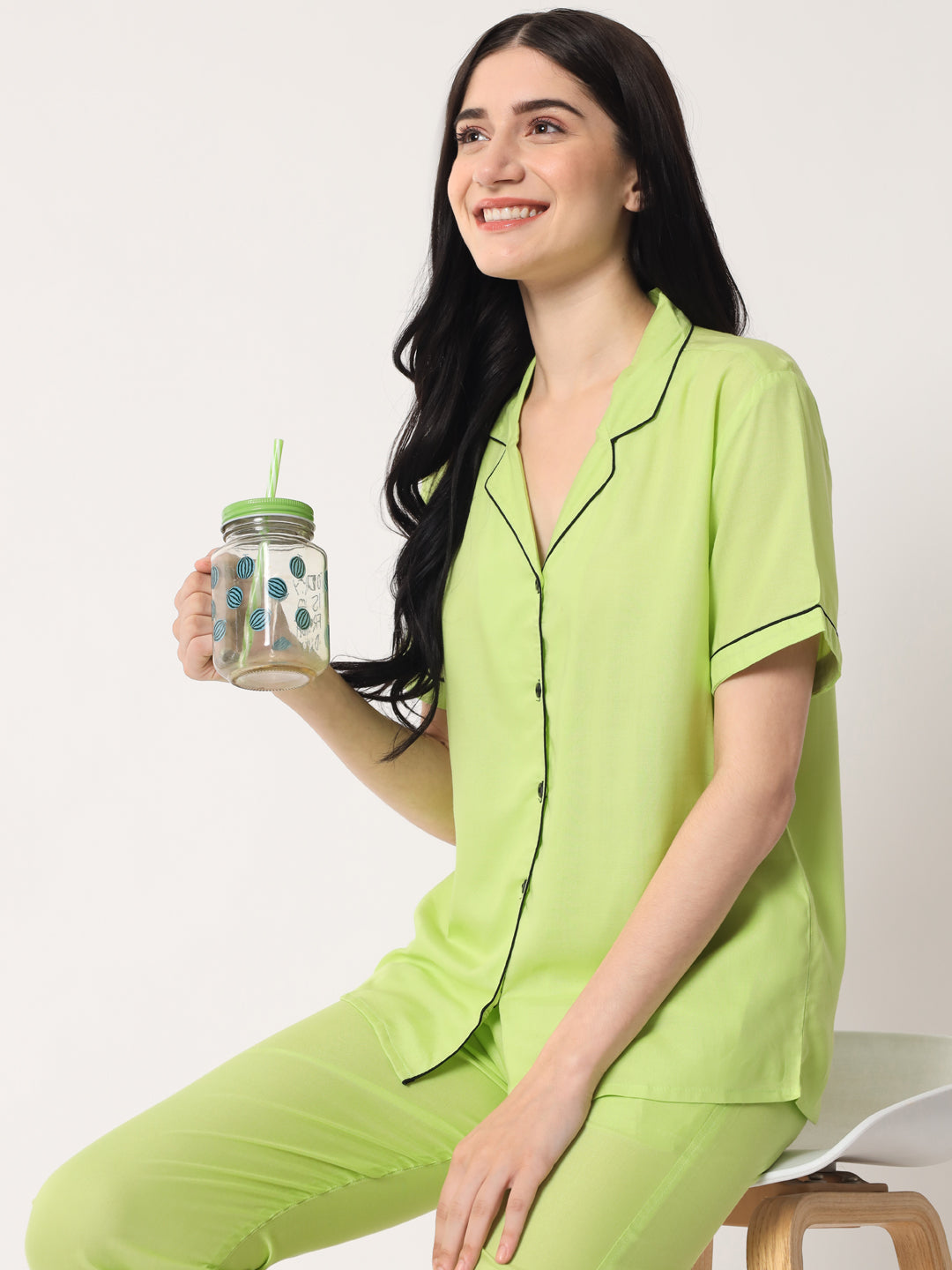 Parrot Green - Collared Solid Shirt and Long Pajama Set