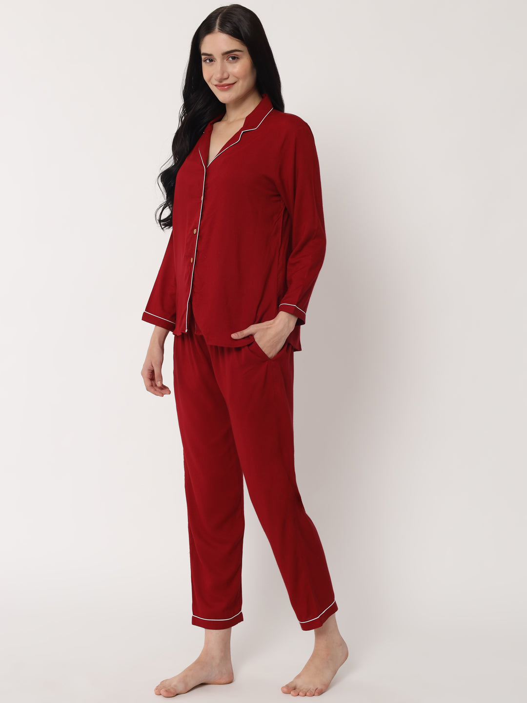 Maroon - Collared Solid Shirt and Long Pajama Set