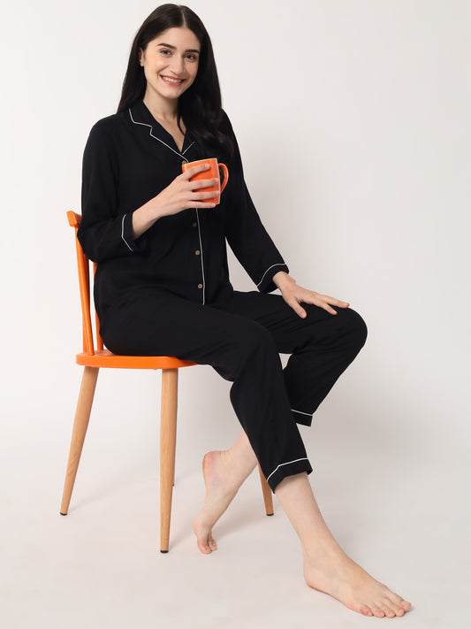 Black - Collared Solid Shirt and Long Pajama Set