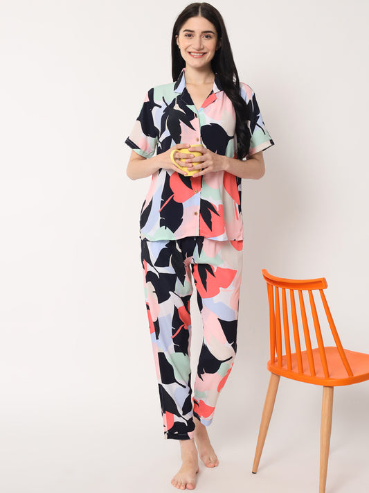Multicolor - Collared Shirt and Long Pajama Set