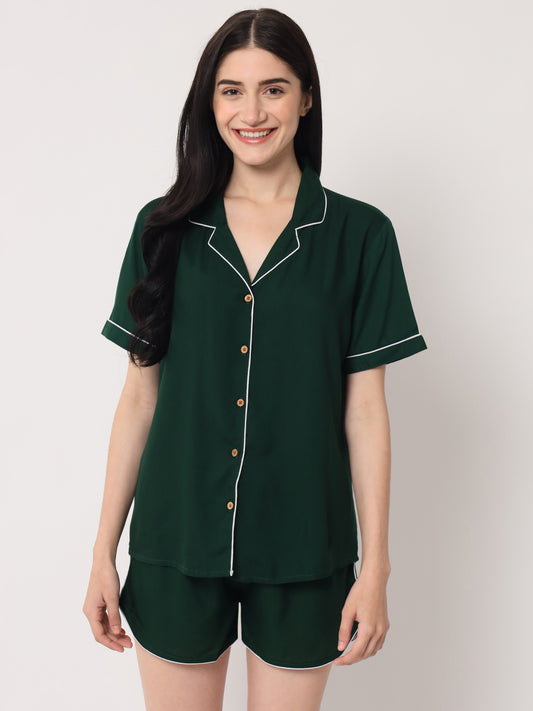 Dark Green - Collared Solid Shirt and Shorts Set