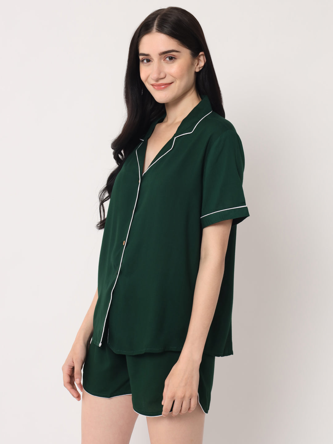 Dark Green - Collared Solid Shirt and Shorts Set