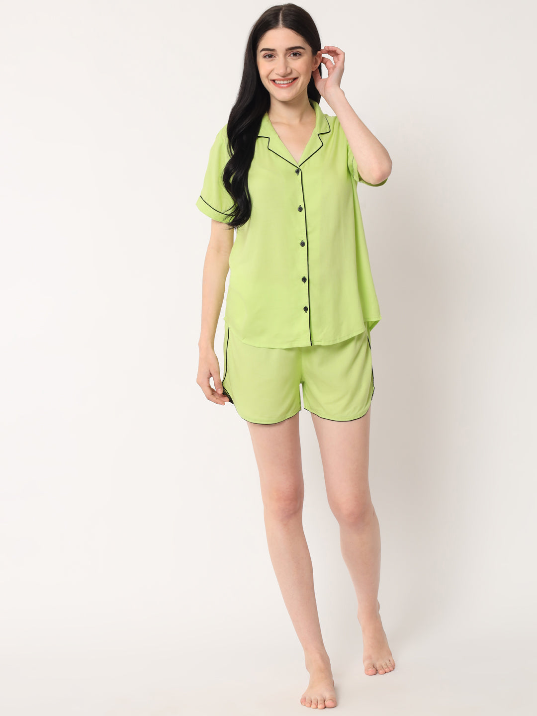 Parrot Green - Collared Solid Shirt and Shorts Set