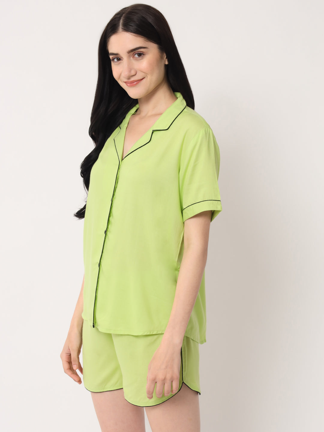 Parrot Green - Collared Solid Shirt and Shorts Set