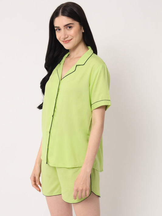 Parrot Green - Collared Solid Shirt and Shorts Set
