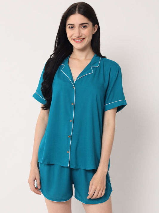 Teal Blue - Collared Solid Shirt and Shorts Set