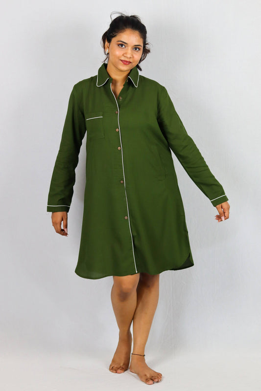 Olive Bloom Button Down SleepShirt – Soft Green Nightwear with White Piping