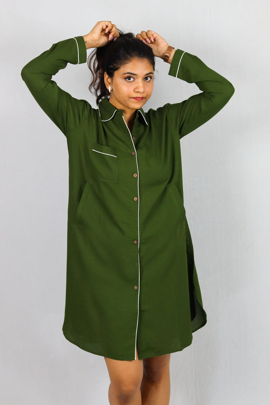 Olive Bloom Button Down SleepShirt – Soft Green Nightwear with White Piping