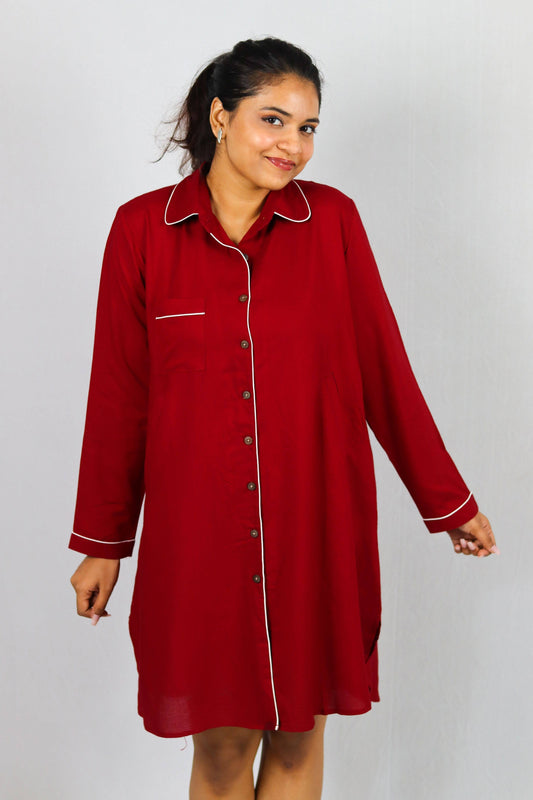 Cherry Luxe Button Down SleepShirt – Soft Nightwear with Piping Detail
