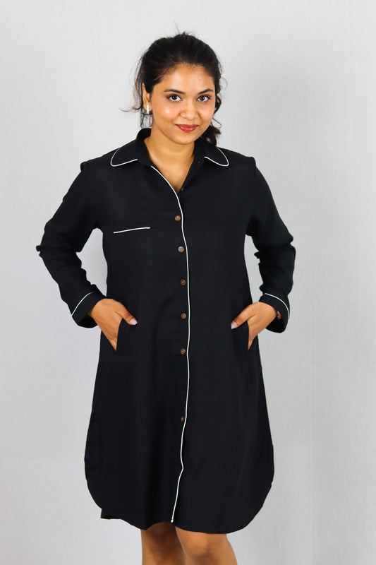 Midnight Comfort Button Down SleepShirt – Soft Nightwear with White Piping