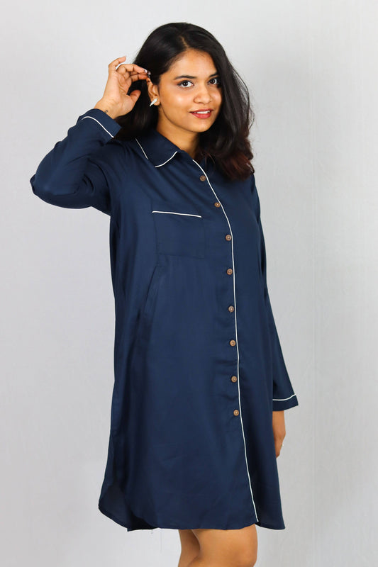 Ocean Mist Button Down SleepShirt – Soft Navy Nightwear with White Piping